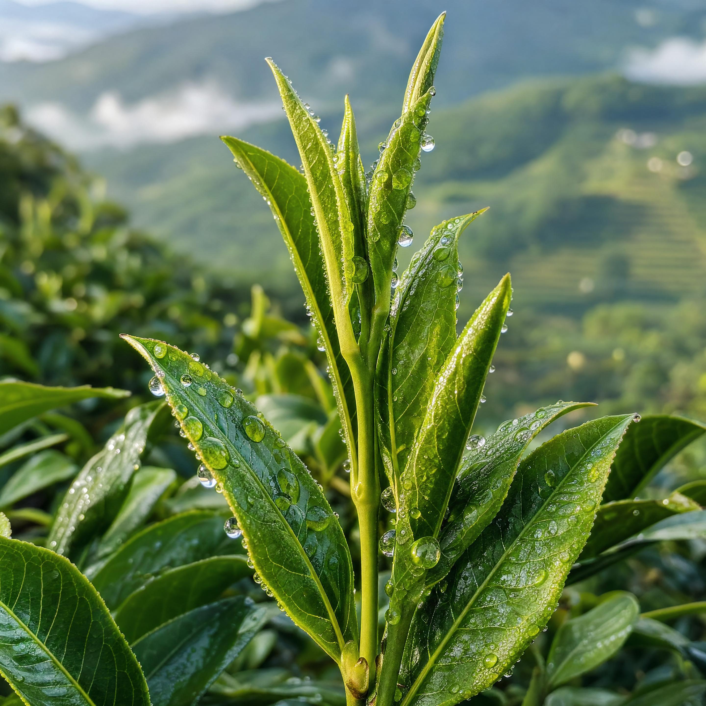 Búp chè xanh còn đọng sương