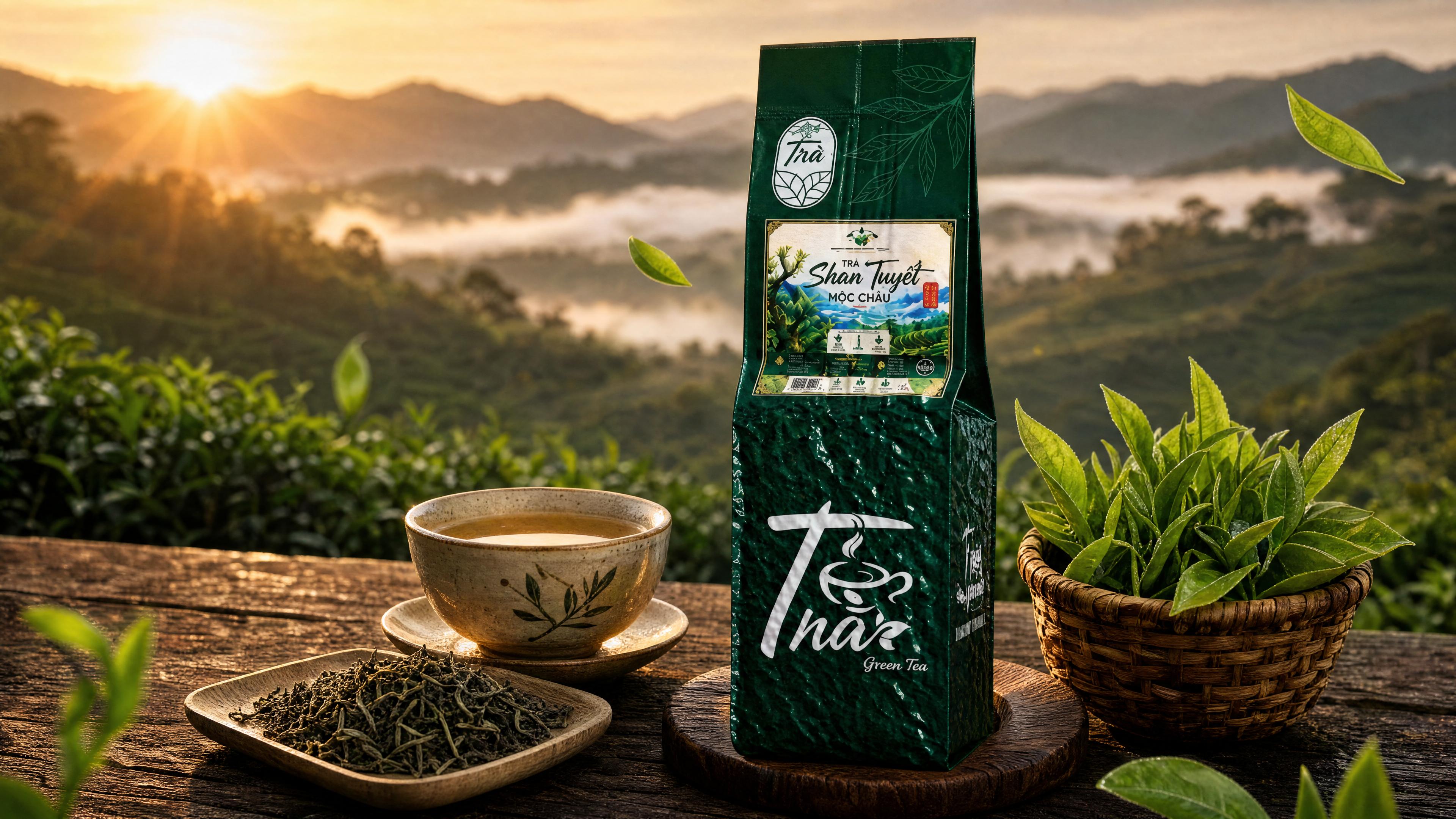 Gói trà Shan Tuyết bên tách trà và đồi chè